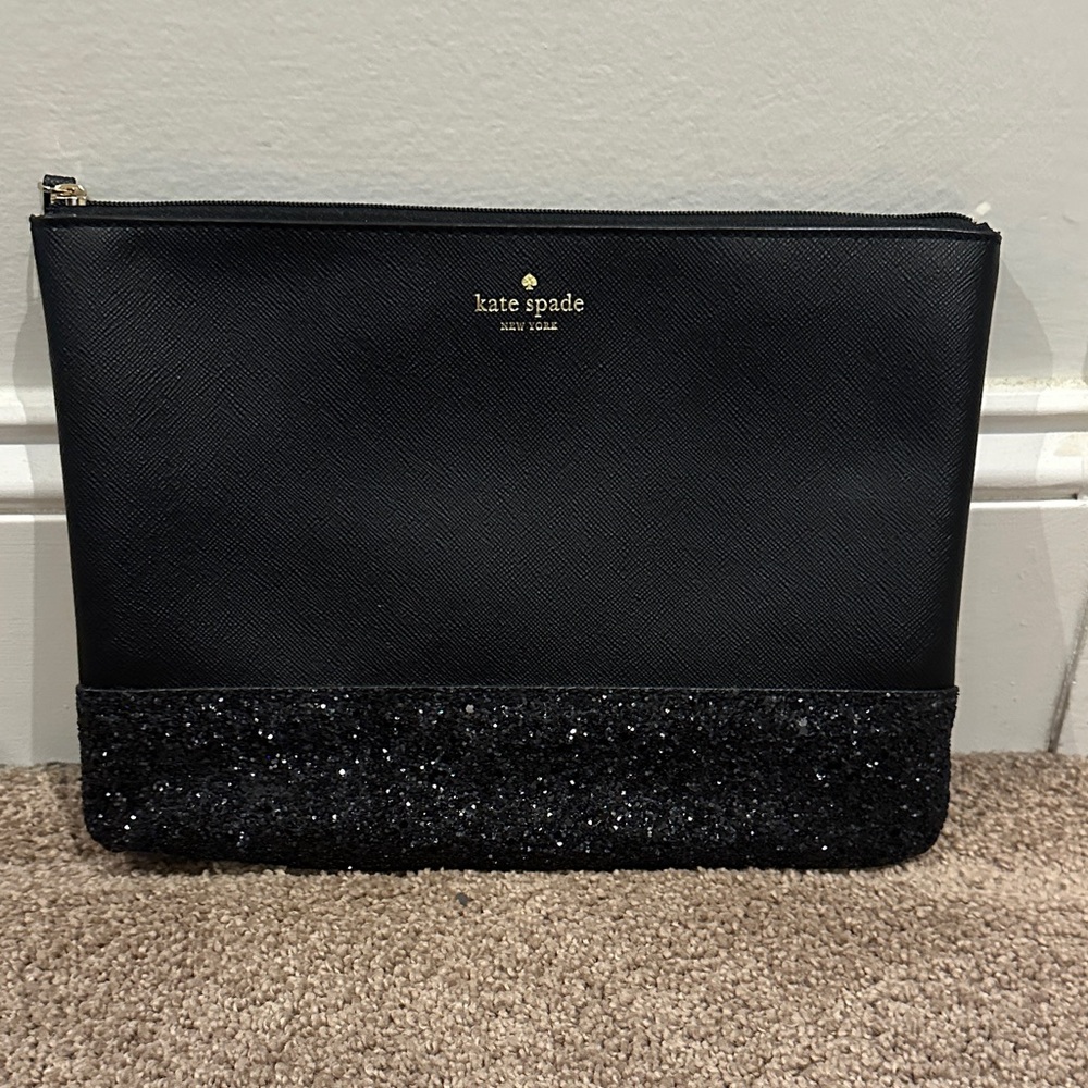 kate spade Black Saffiano Wristlet Clutch with Glitter Trim